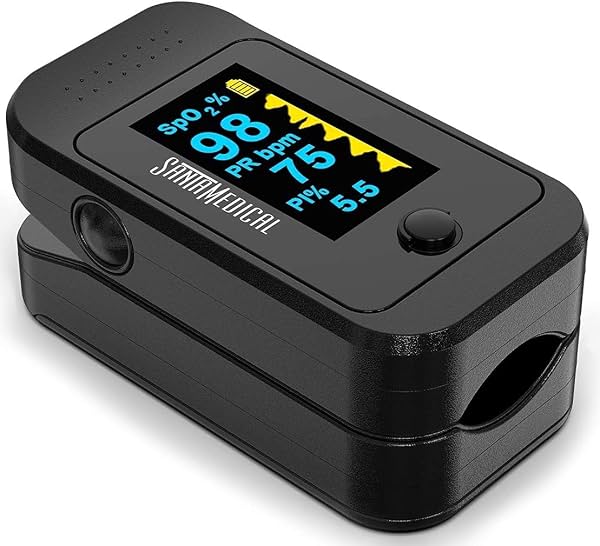 Monitor de oxímetro de pulso Santamedical OLED de doble color para dedo (SpO2) | Monitor de saturación de oxígeno en sangre con estuche, pilas y cordón