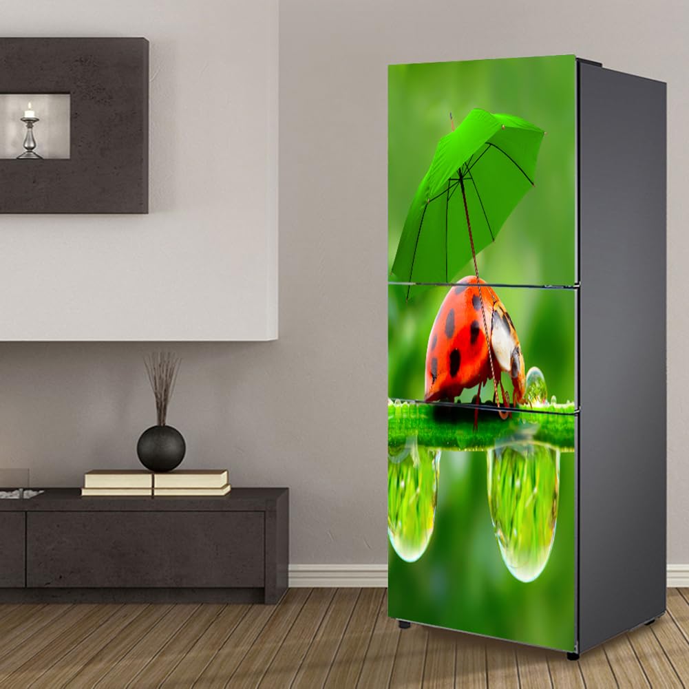 Fridge wrap, Full Covering, Freezer Skins Wall Stickers for Kitchen Decal, Ladybugs with Green Umbrella