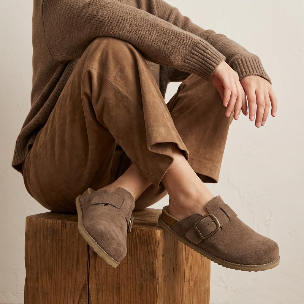 CUSHIONAIRE Women's Blain Genuine Suede Slip-On Clogs with + Memory Foam & Chic Buckle Mule - Comfortable, Non-Slip, Wide Widths Available