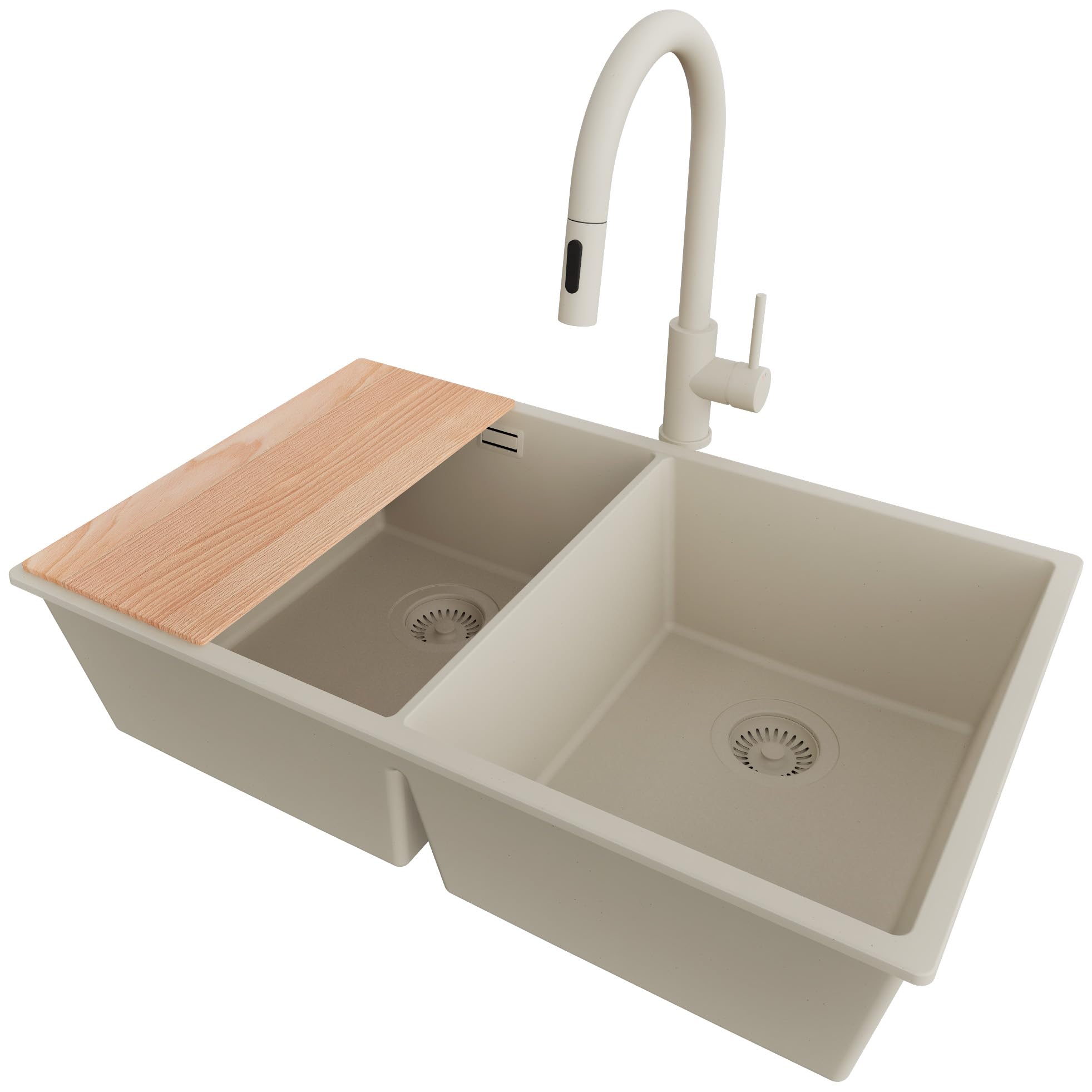 PRIMAGRAN Evier Sous Plan Tout Beige 76x47cm, Evier en Granit 2 bacs + Robinet 40x20cm + Set d’accessoires, Évier au Meuble 80cm - London Twin S082