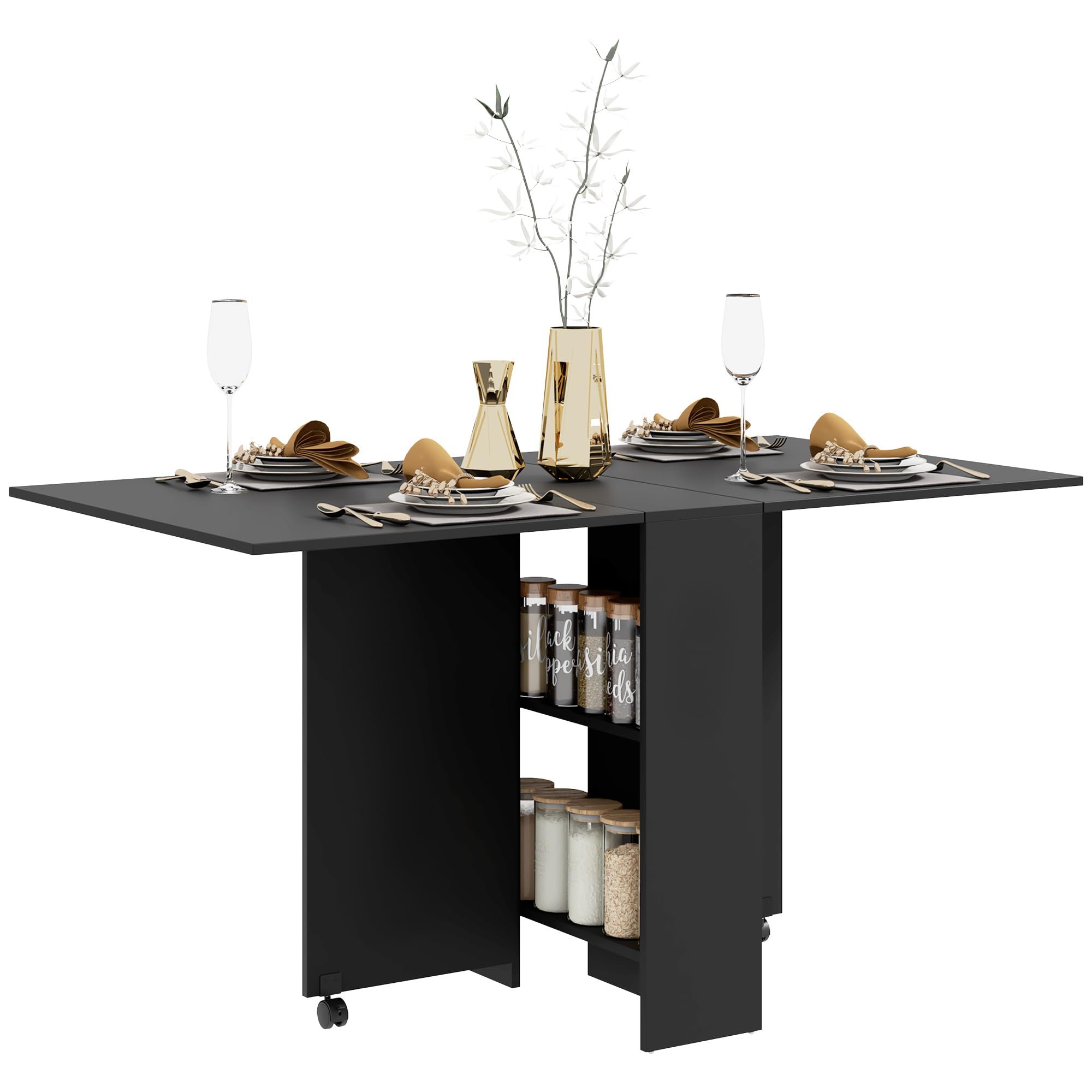 HOMCOM Mesa de Comedor Plegable Mesa de Madera con 2 Solapas 2 Estantes de Almacenaje y Ruedas para Cocina 75x140x74 cm Negro
