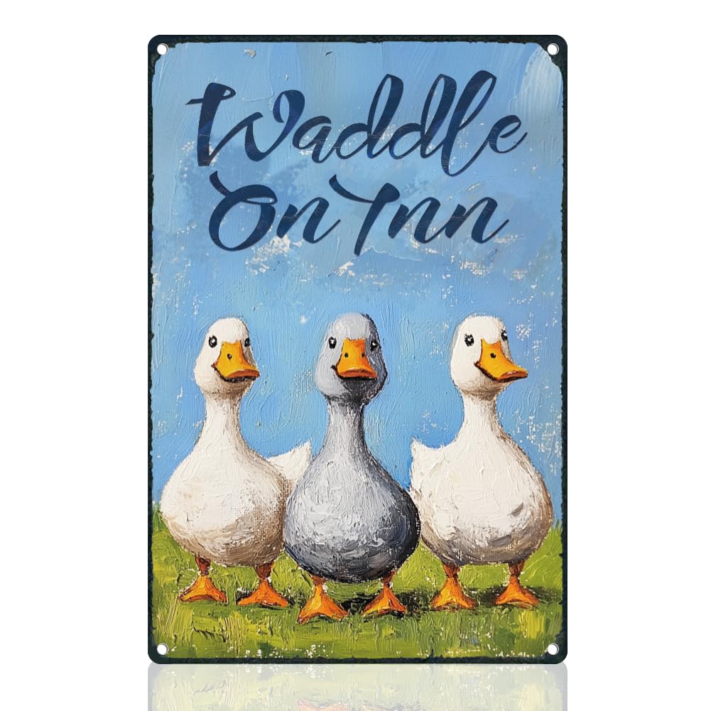 Scvgfdxzs Tin-03 8X12 Inch "Waddle On Inn" Duck Tin Sign - Funny Farm Animal Decor - Vintage Art For Home, Bar & Kitchen