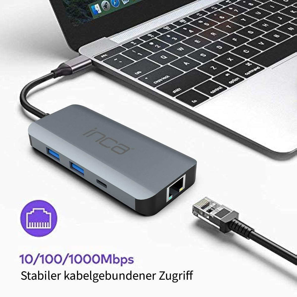 inca Koncentrator USB C 9 w 1 ITPC-10TX, 2 x USB 3.0 + czytnik kart SD/TF + LAN 1000 Mbit/s + dane + audio 3,5 mm + HDMI 4K 60 Hz + PD100 W, stacja dokująca USB C do MacBook, Dell, Chromebooka