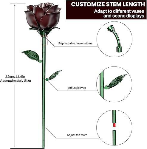 Miniatura 7 de Juego de construcción de ramo de rosas rojas burdeos para mujeres adultas, colección botánica, regalo para Halloween, San Valentín y día de la