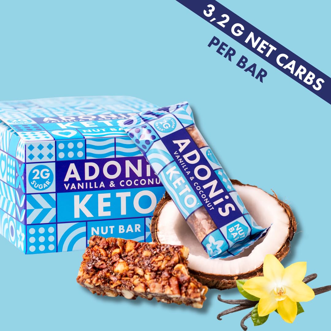 Adonis Keto Riegel Vanille- & Kokosnuss | 16x 35g | Keto Snacks | Vegan & 100% natürlich | Low Carb Bar und Low Sugar Snack | Perfect Keto-Diät Bars | Glutenfrei, ohne Zuckerzusatz (Vanille & Kokos)