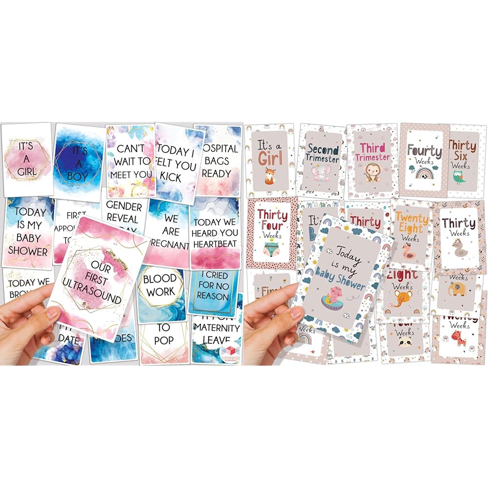 Wobbox Pregnancy Milestone Cards, Water Colour Set of 18 Pieces & Pregnancy Milestone Cards, Grey & Doodle Fonts, Pregnancy Journey, Pregnancy Gift Scrapbook Photo Keepsake - Set of 18 Pieces-image-14