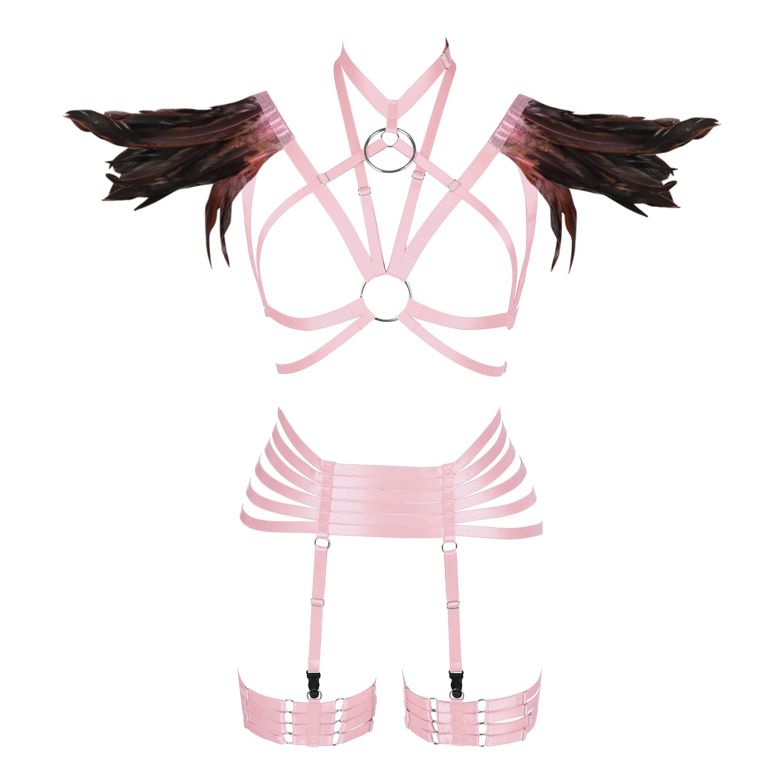 PETMHS Women's Feather Harness Bra Strap Full Body Frame Epaulette Shoulder Wing