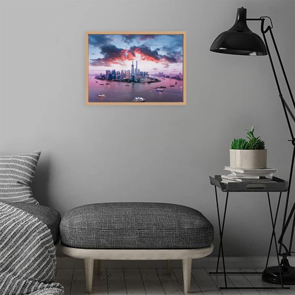 VERRE ART Wooden Floater Framed Canvas - Wall Decor for Living Room, Bedroom, Office, Hotels, Drawing Room (14in X 10in) - Shanghai Skyline & Huangpu River