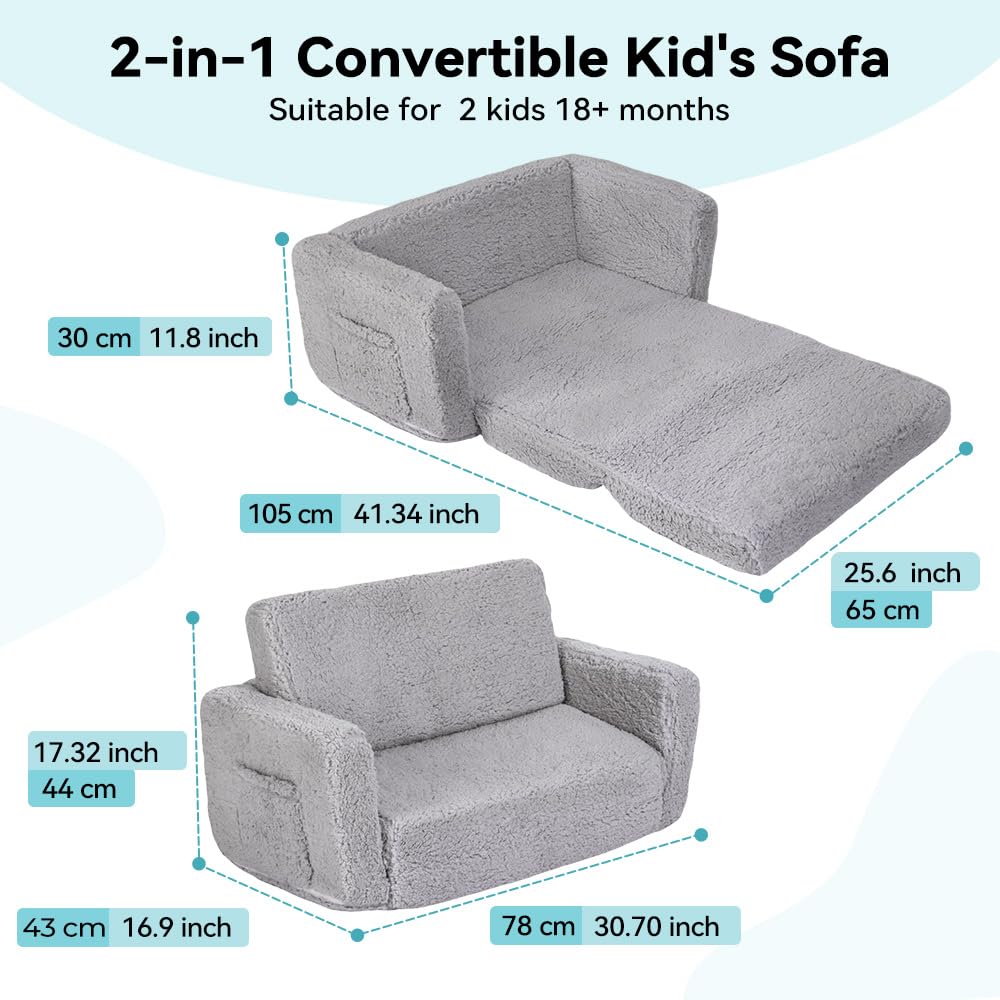 Generisch 2 in 1 Kindersofa Ausklappbar, Extra Breite Kindersessel ab 1 Jahr für Kinderzimmer, Kindercouch mit Abnehmbarem Cover, Weich Kinder Sofa für Mädchen und Jungen, Grau