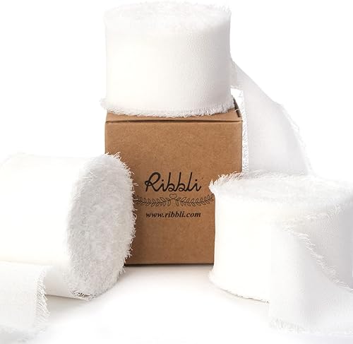 Miniatura 98 de Ribbli Cinta de gasa color marfil de 1-1/2 pulgadas x 30 yardas, hecha a mano con flecos, cinta de seda marfil, cinta crema para invitaciones