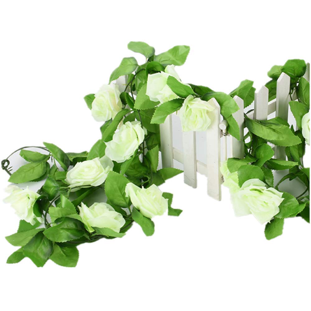 JT New 2pcs 2.4M/lot Silk Rose Flower Vine Artificial Flowers for Home Wedding Decor Decorative Artificial Flower Garland (White)