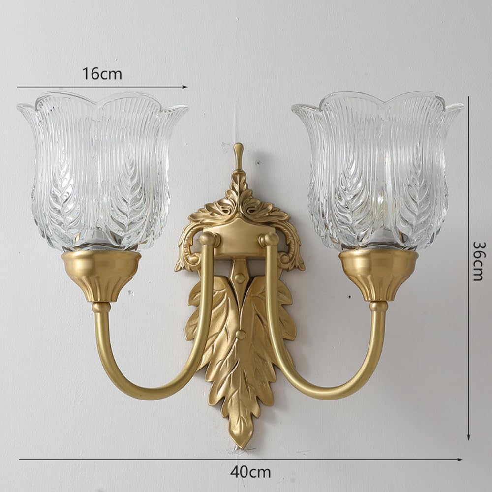 Applique da Parete Moderna in Ottone, Lampada da Parete Floreale retrò, Lampada da Parete Rustica Vintage in Rame con Paralume in Vetro Trasparente Goffrato, apparecchio di Illuminazione per la c