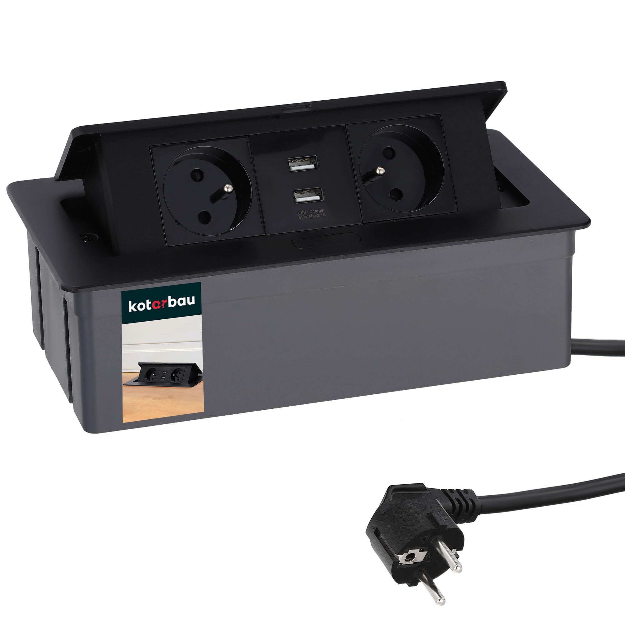 KOTARBAU® - Ciabatta elettrica a 2 prese, con porte USB, in alluminio, colore nero