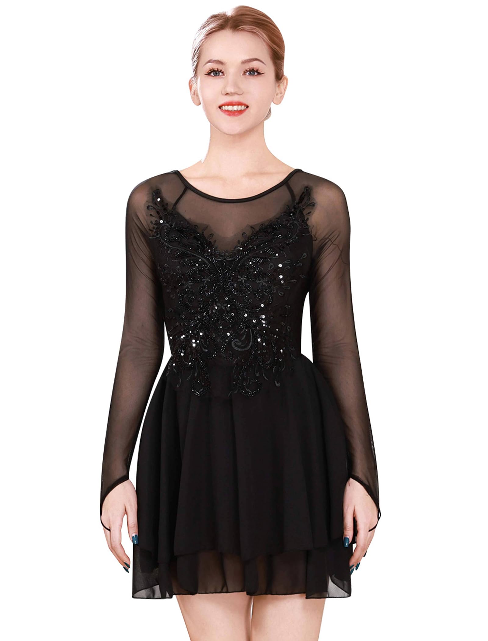 FYMNSI Robe de danse, patinage artistique, à manches longues, pour femme, patinage artistique, compétition, costume de danse avec paillettes, fleurs, en mousseline de soie, robe de ballet