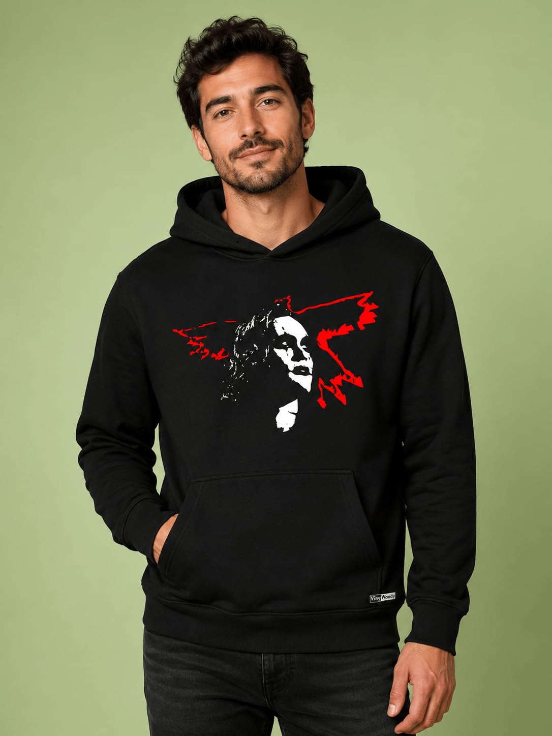 Czarna bluza z kapturem z czerwonym wzorem Raven Unisex