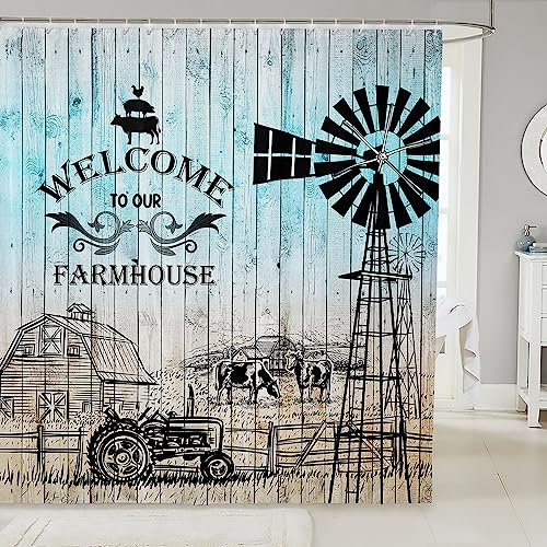 Rustic Farmhouse Shower Curtain Windmill Decor Bathroom Shower Curtain Sets Western Cow Gift Fabric Shower Curtain Vintage Wooden Planks Old Barn Door Bath Curtain 72Wx72L for Cowboys Youth