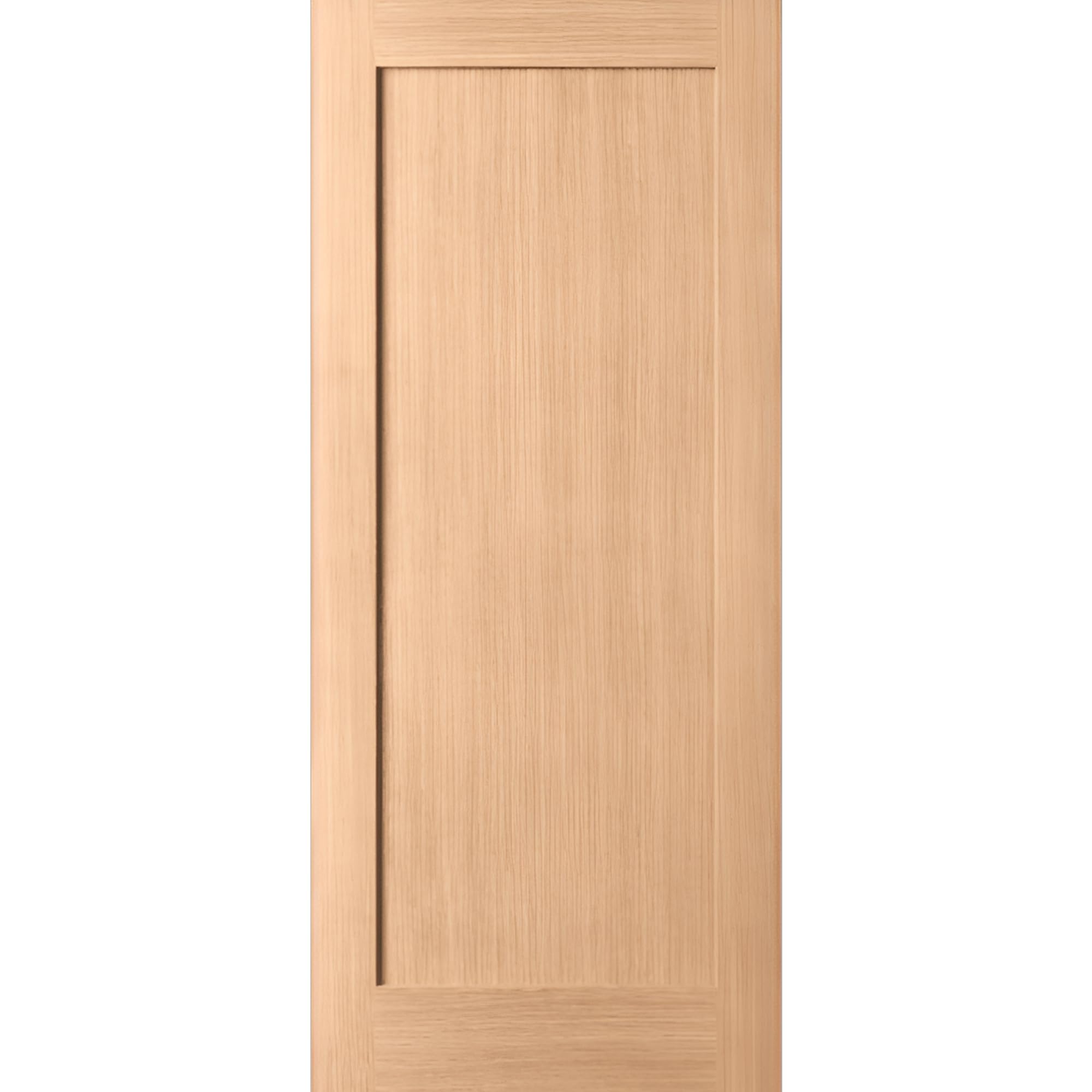 2 Scottsdale Unprimed White Oak Shaker Interior Doors – 36 X 80 X 1-3/4 Solid Core, Unfinished. Small cut in middle of one panel,