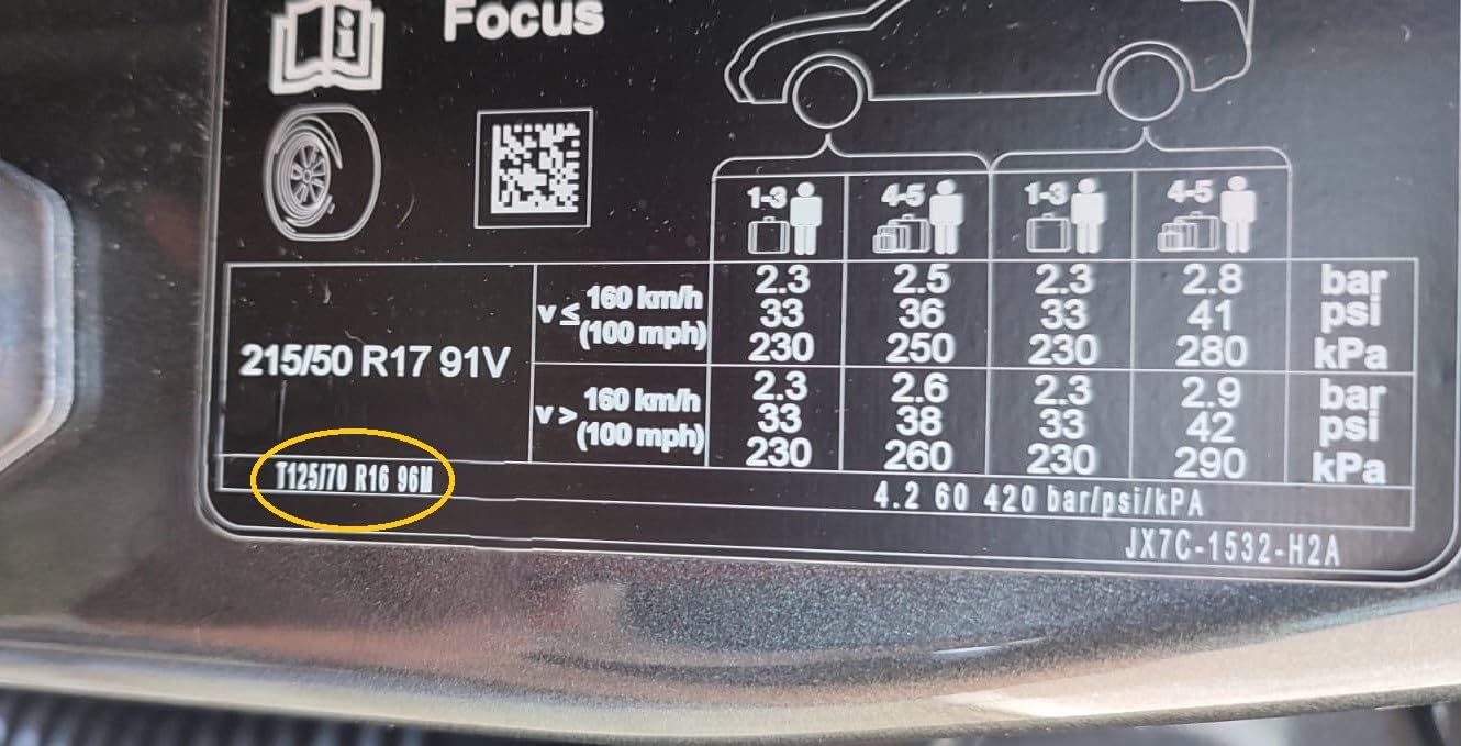 Notrad 16" kompatibel mit Ford Focus mit Wagenheber, Schlüssel und Tasche 125/85R16