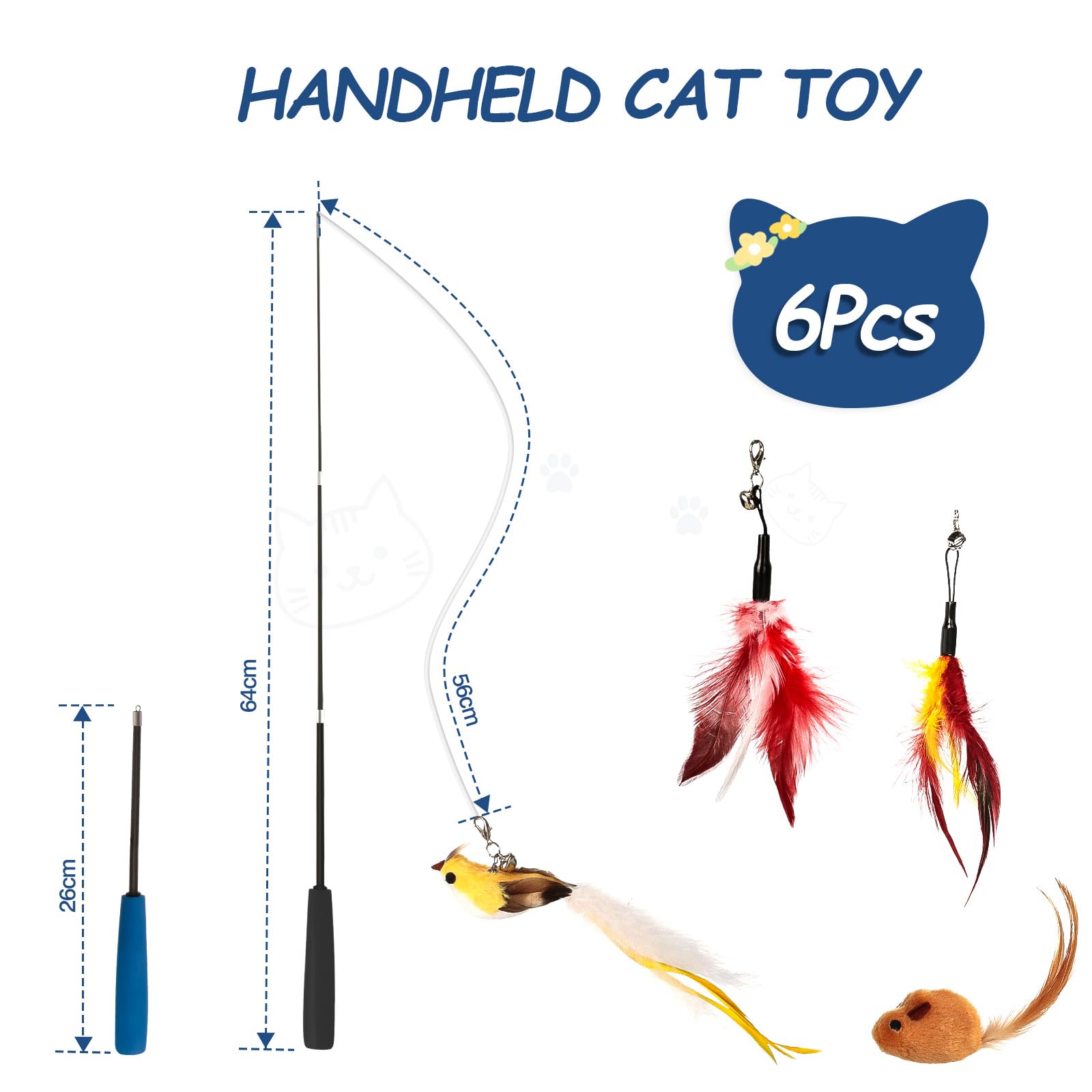 VINATO Canna da Pesca per Gatti con Asta Telescopica, Giocattolo Interattivo con 4 Testine (Uccellino con Campanello, Topo, Piume), Giochi per Gatti da Interno per Stimolare l'Istinto di Caccia