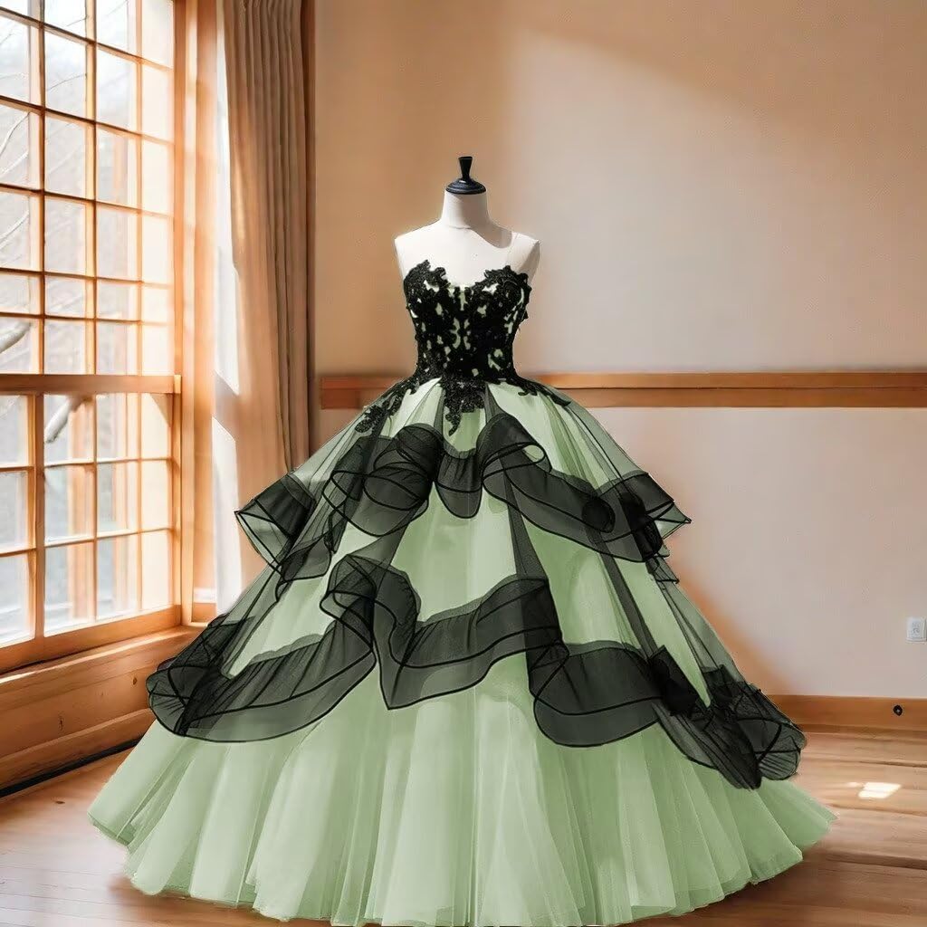 XYAYE Strapless Gothic Quinceanera Dresses Ball Gown Puffy Tulle Sweet 15 16 Dresses Sweetheart Black Tiered Lace Prom Dress