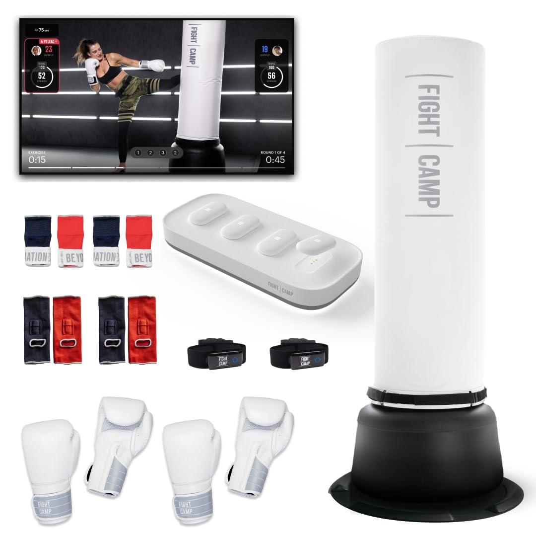 FightCampFitness Tracker & Free Standing Punching Bag for Adults, Motion Sensors, Boxing Gloves, Boxing Wraps, Ankle Support Wraps & Punching Bag Stand - 67 inches, 350 lb
