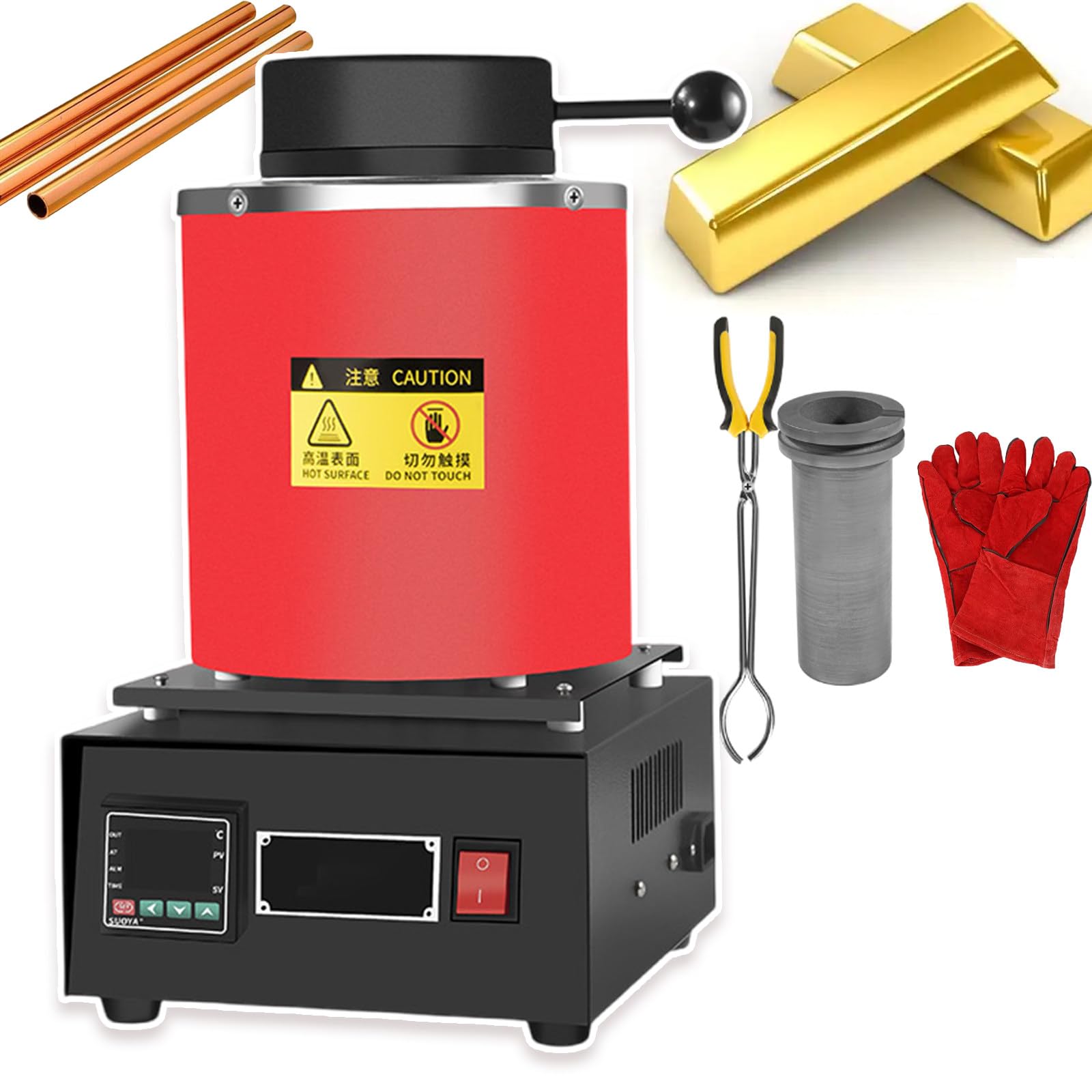 Horno Eléctrico Para Fundir Oro,Máquina Fundición Metales Digital De 1150 ℃,Con Crisol Grafito,Guantes Aislantes Del Calor,Pinzas Para Crisol,Para Chatarra Fundida,Plata,Oro,1500 W Red-1kg