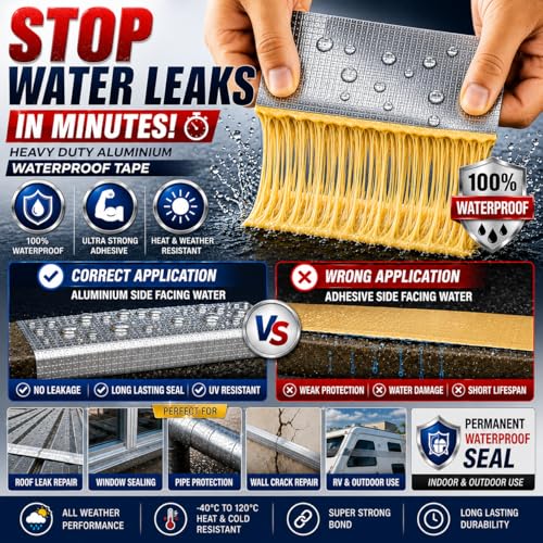 Image of UB Unity Brand Waterproof Aluminium Tape for Roof Leakage, Heavy Duty Strong Adhesive Butyl Tape for Roof Leak, Water Tank, Window & Pipe Leakage Repair, Weatherproof Seal Tape (5 CM X 5 Meter)