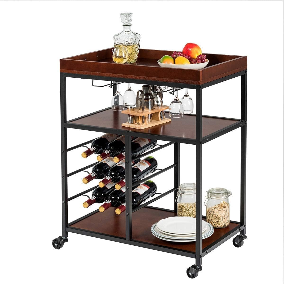 OGFC 45131 Kitchen Island Cart Rolling Trolley 3-Tier Industrial Style Serving Trolley Utility Kart Wood Kitchen Stand with Glasses Holder and 9 Wine Bottles Rack Metal Frame and Castors