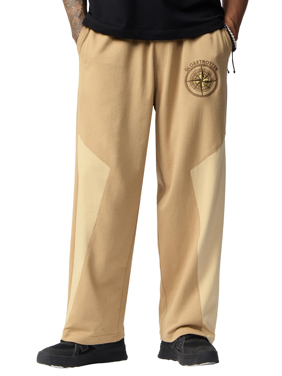 the souled store Wanderlust Men and Boys Drawstring Waist Beige and Cream Color-Block Fleece Relaxed Fit Lightweight Embroidered Joggers-picture-35