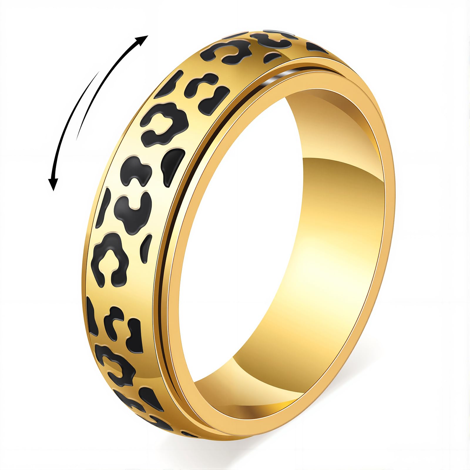 Black Leopard Print Fidget Ring - Spinner Rings for Women, 5 UK, Stainless Steel, No Gemstone