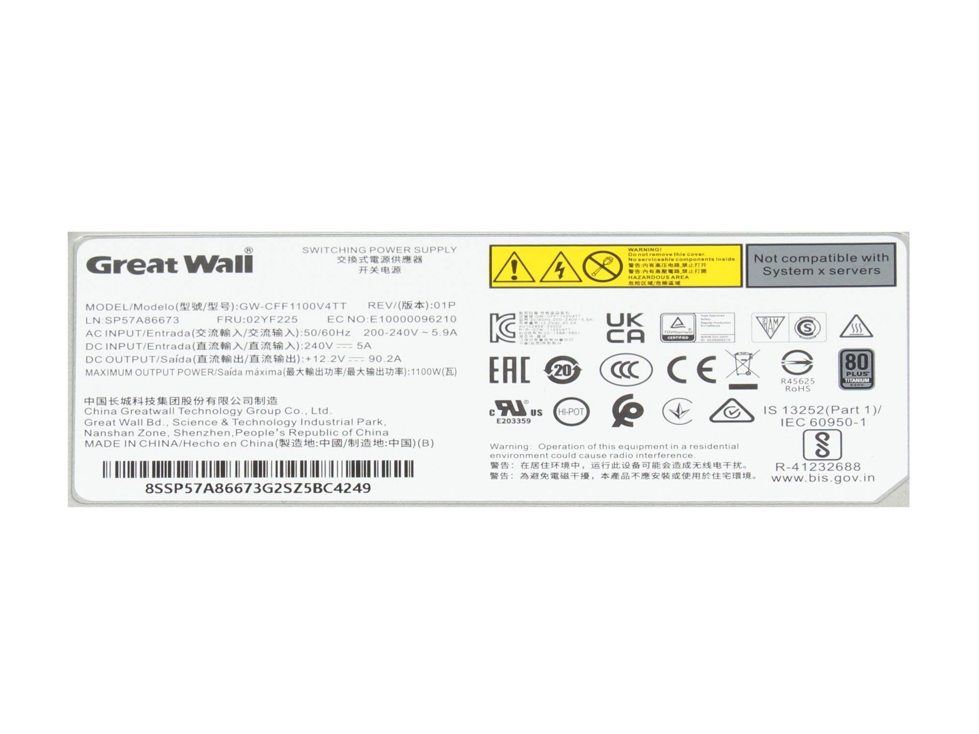 Lenovo 4P57A72666 Original Fuente de alimentación del Servidor 1100 vatios | para ThinkSystem ST650 V2 (7Z75 / 7Z74)