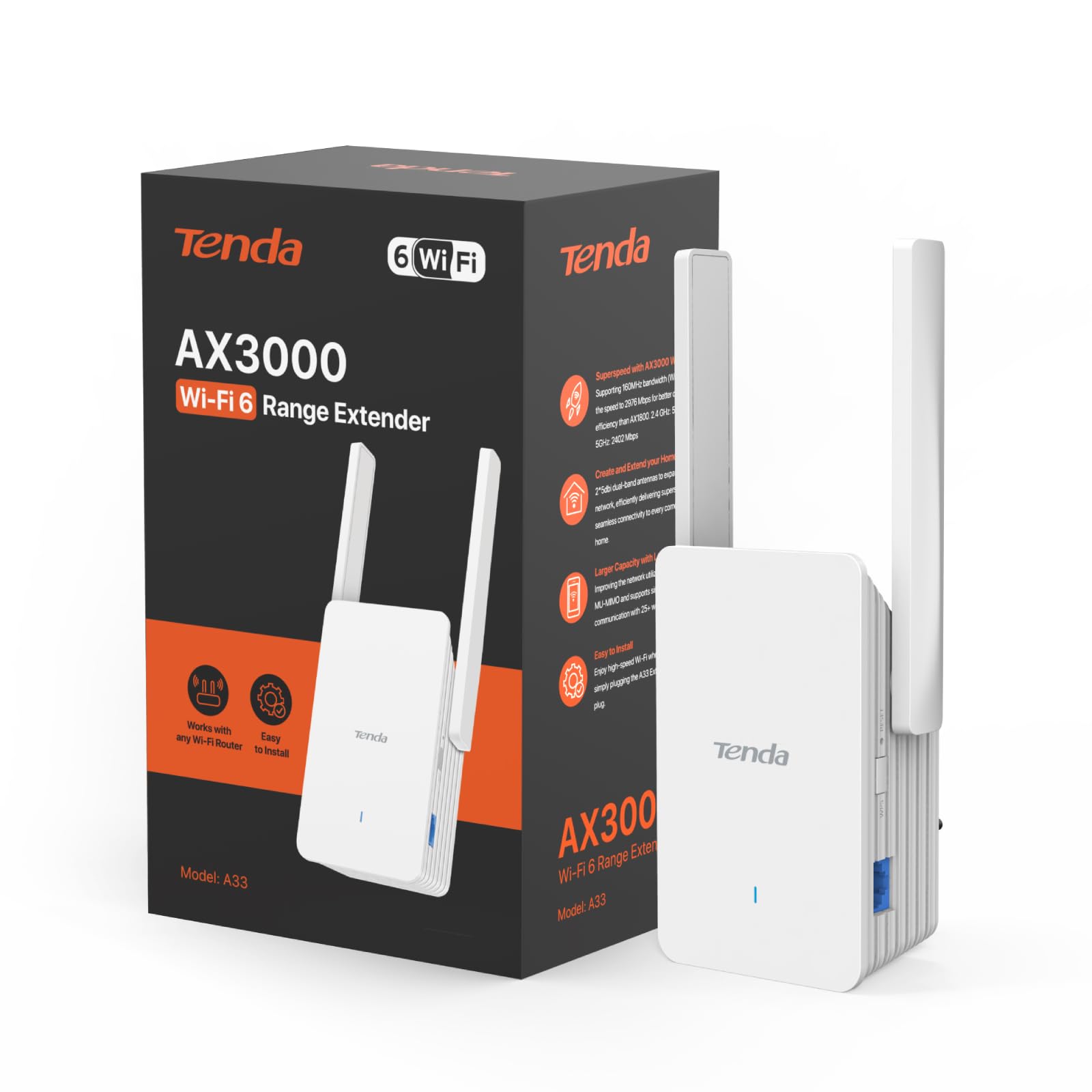 Tenda A33 WLAN Verstärker Repeater WiFi 6 AX3000, Dualband(5 GHz 2402 Mbit/s + 2,4 GHz 574 Mbit/s), 2×5 dBi Antennen, Gigabit LAN, Kompatibel mit Fritzbox, Abdeckung 150 m², AP Modus