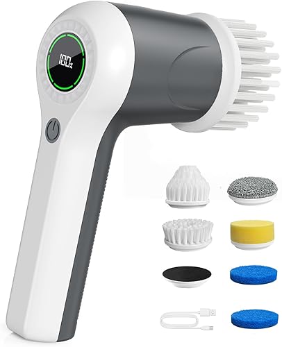 Miniatura 1 de Limpiador eléctrico giratorio, limpiador de ducha inalámbrico con pantalla de nivel de batería, 2 velocidades para limpieza con 6 cabezales