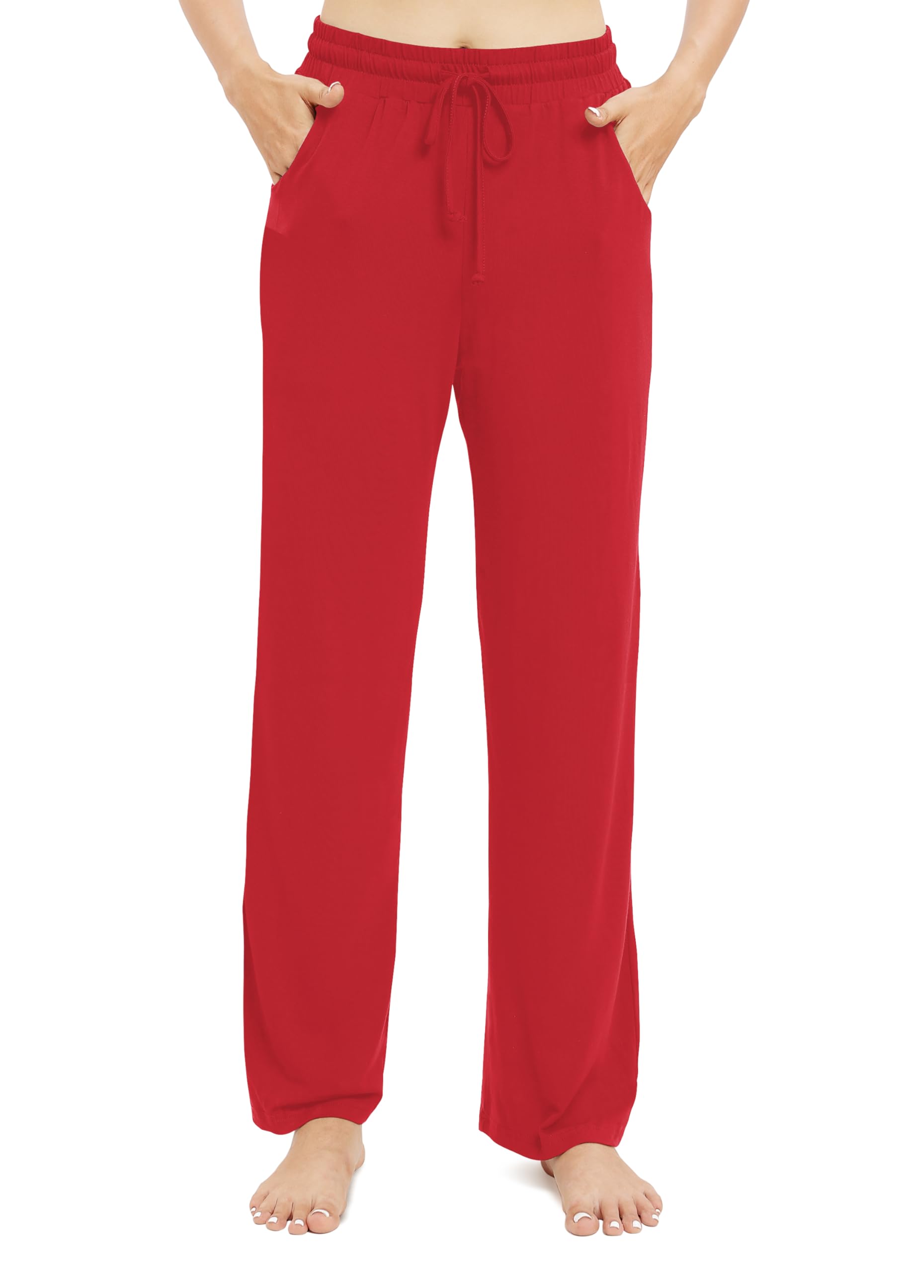 Dames Casual Rechte Pijpen Stretch Broek met Trekkoord Elastische Taille Yoga Broek met Zakken(XL, Rood