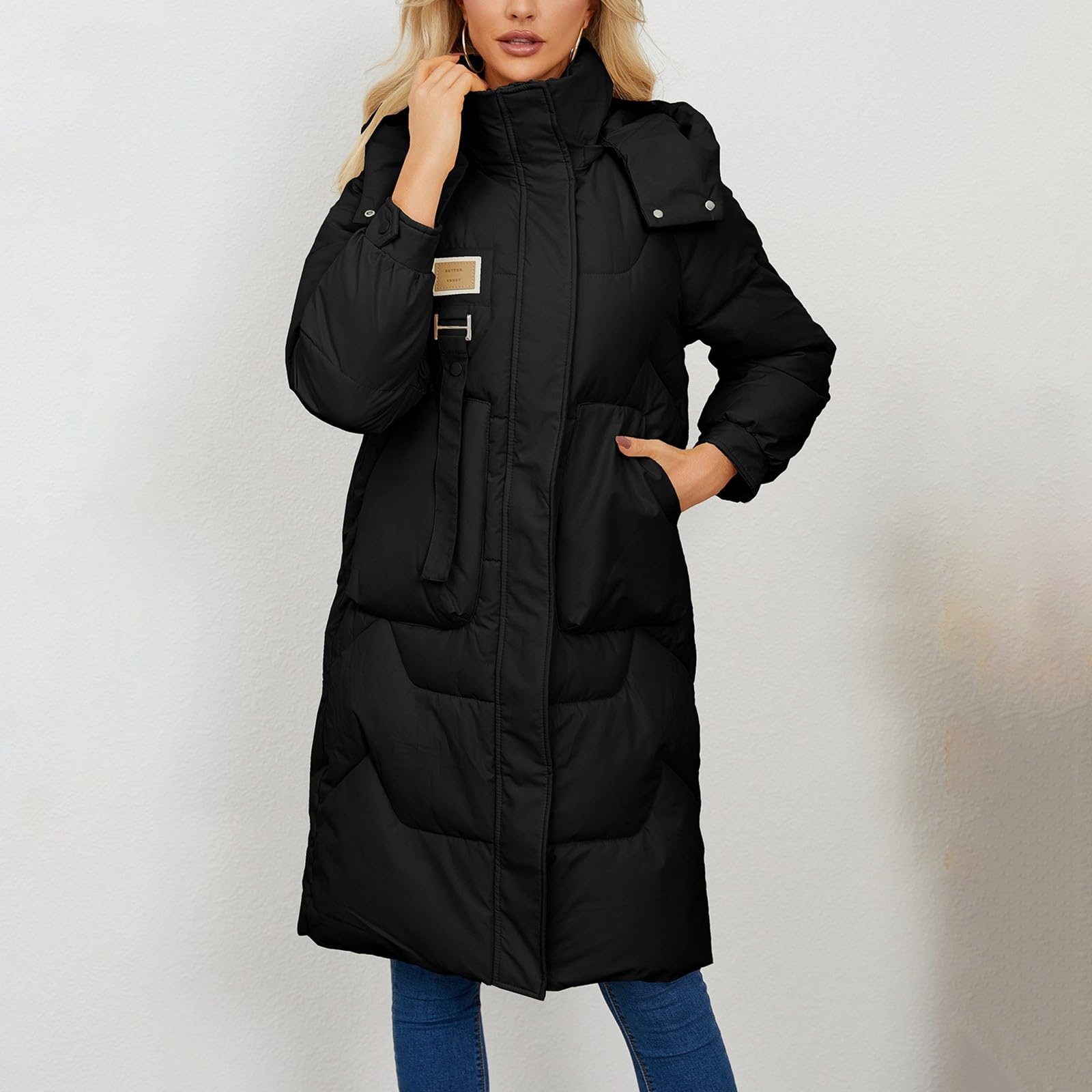 Abrigo de plumas para mujer, largo de invierno, grueso, abrigo de invierno, cálido, con capucha, chaqueta de plumón, cómoda chaqueta amortiguadora, cuello alto, abrigo largo acolchado, ligero
