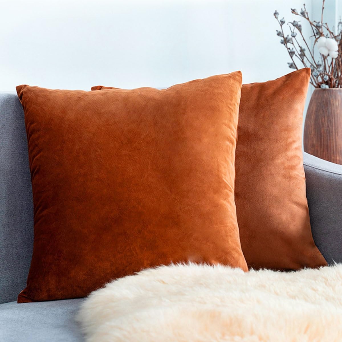 Sofa Throw Pillow Covers Set Of 2 Pillow Cases Velvet Decorative Soft Pillow Cover Lumbar Cushion Case With Zip Couch Pillowcases For Sofa Bed Home Decorative(Copper Yellow,45x45 cm Set of 2)