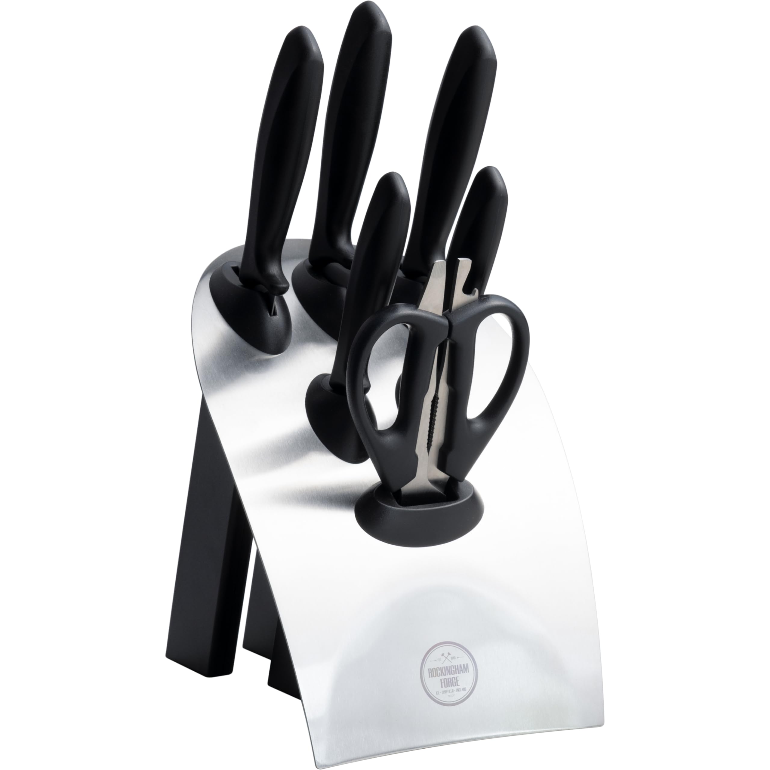 Rockingham Forge 8007 Essentials Range 7-Częściowy Zestaw Noży w Bloku, Stal Nierdzewna, Czarne Uchwyty, 5 Noży, 1 Para Nożyczek i 1 Blok