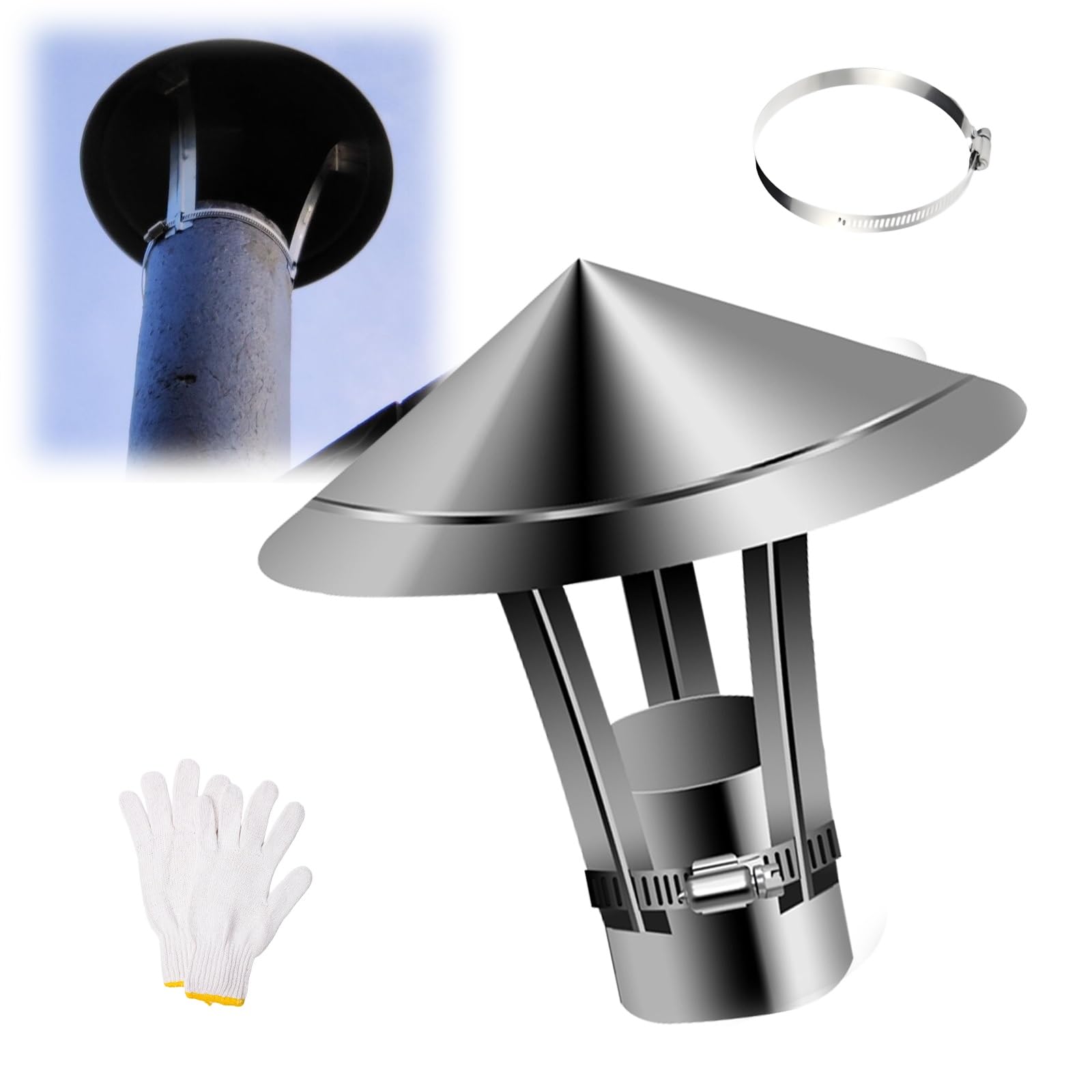 AYUWQZX Chimney Cowl RainCap 201 StainlessSteel Cone Vent Cover 50-300mm Roof Pipe Flue Liner(230mm/9.1in)