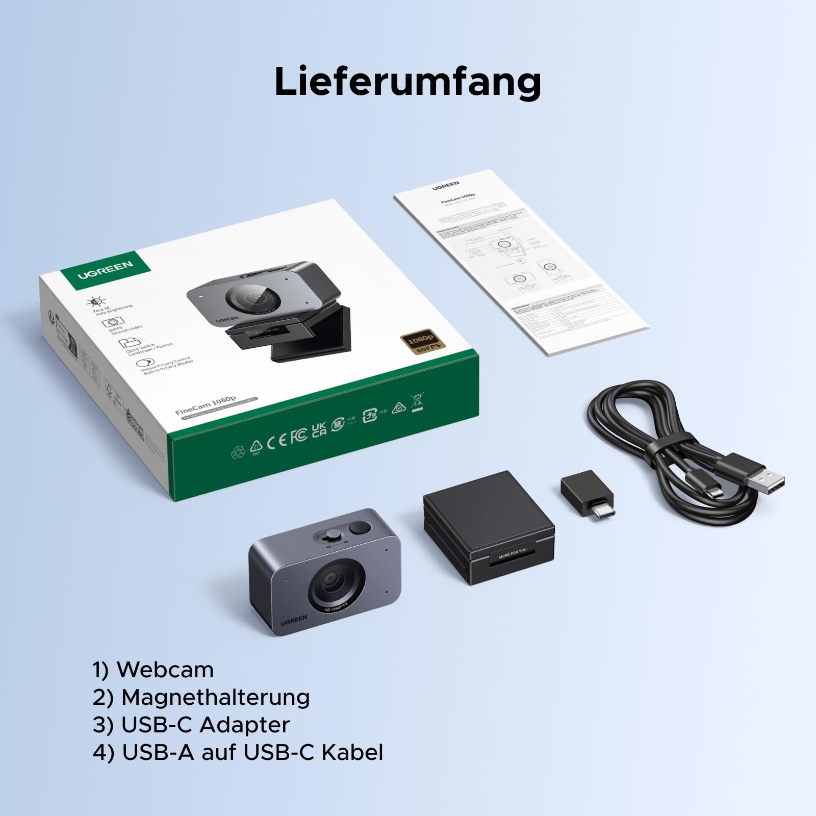 UGREEN FineCam 1080P, Fixfokus, Dual-Mikrofon, Face AE, Objektivdeckel | FHD Webcam 1080P 60FPS, Face AE, Geräuschunterdrückung, Porträtmodu, Stativ, USB-C Webcam für PC/Laptop/Windows/Mac