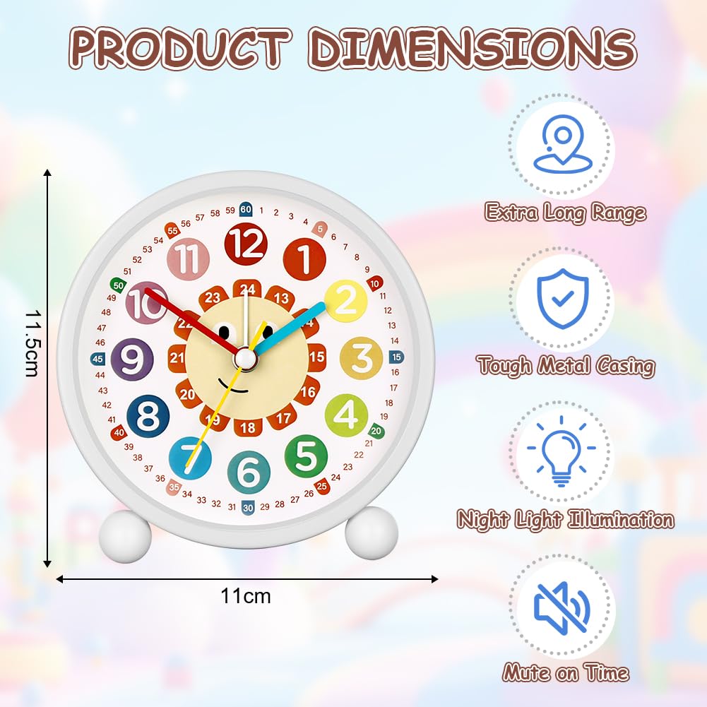 Réveil Enfant Silencieux sans Tic-Tac Analogique Horloge de Table avec Lumière de Nuit Piles Blanc