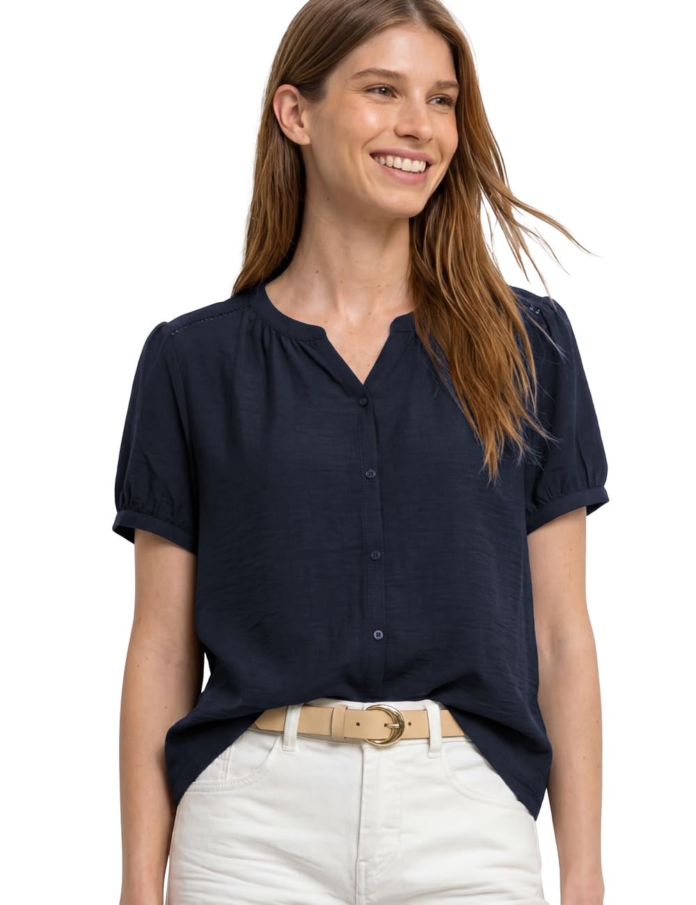 Street One Short Sleeve Blouse with Split Neck and Buttons Deep Blue 46