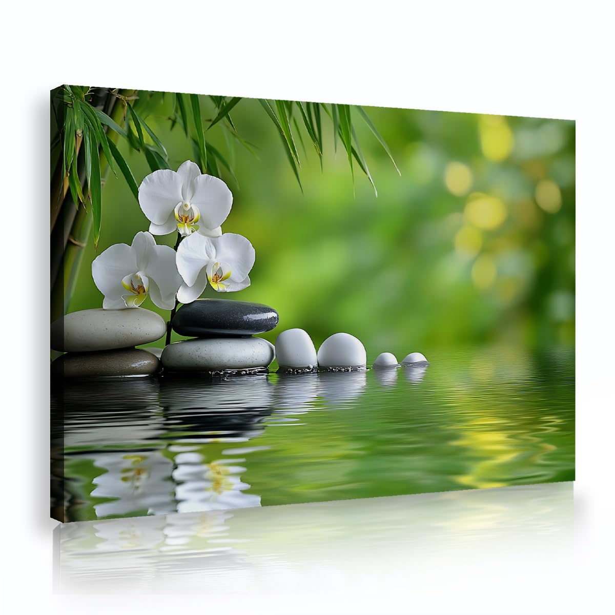 Via Vela White Orchid Framed Canvas Wall Art Zen Stones Water Reflection Picture Green Bamboo Nature Landscape Poster Prints For Bathroom Salon Spa Decor 50x75cm