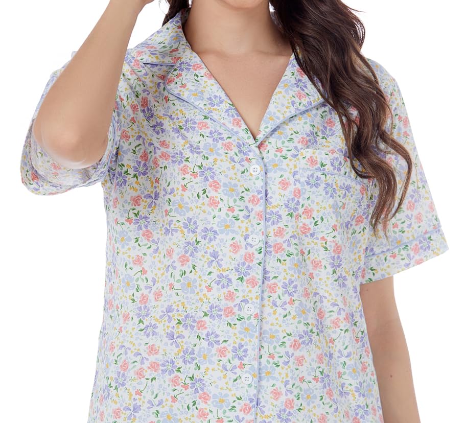 Image of LUBOT 100% Cotton Pajamas for Women 2 Piece PJ Set Poplin Woven Lightweight Ladies Button Short Sleeve Sleepwear S-XXL