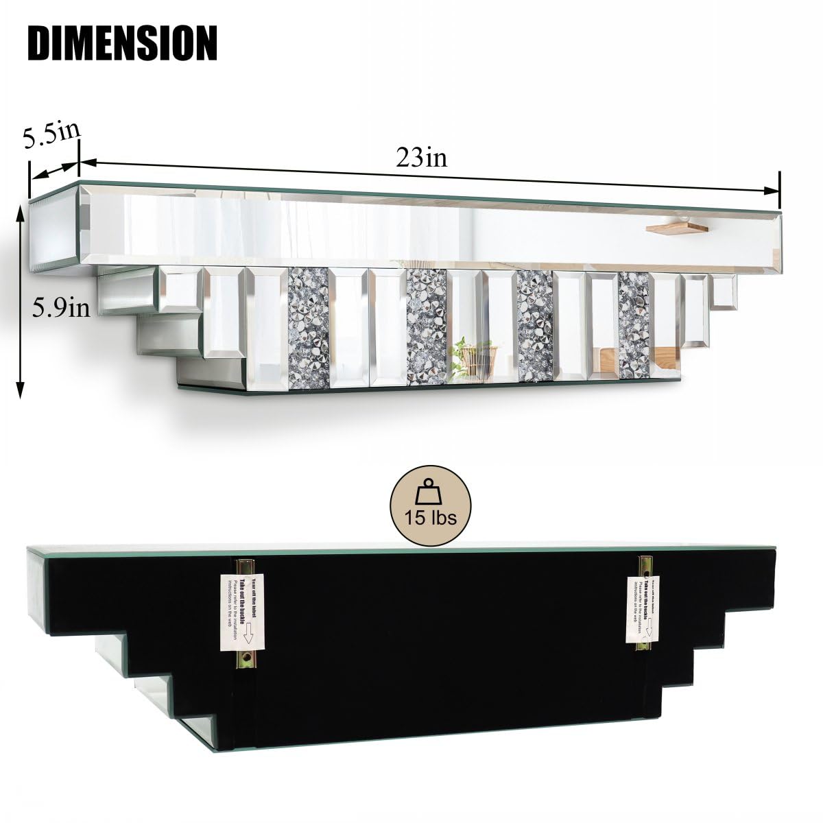 Sumnacon Schwebende Eckregale Aus Glas – 2 Stück, Zerkleinertes Diamant-Design, Verspiegelt, 24 X 24 X 35 Cm