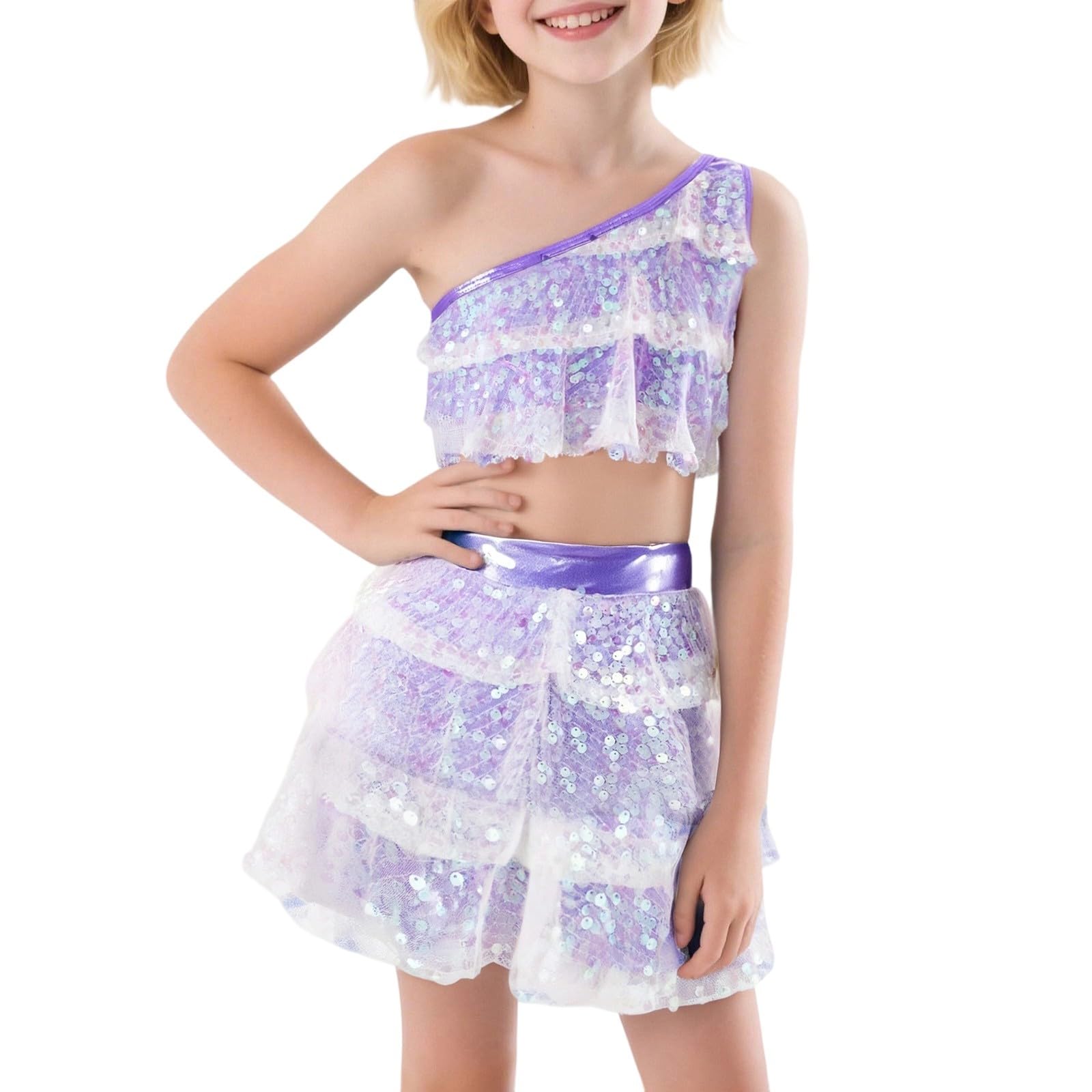 Traje de baile de lentejuelas de dos piezas para niñas, elástico, ajuste cómodo, falda y top para fiesta de baile