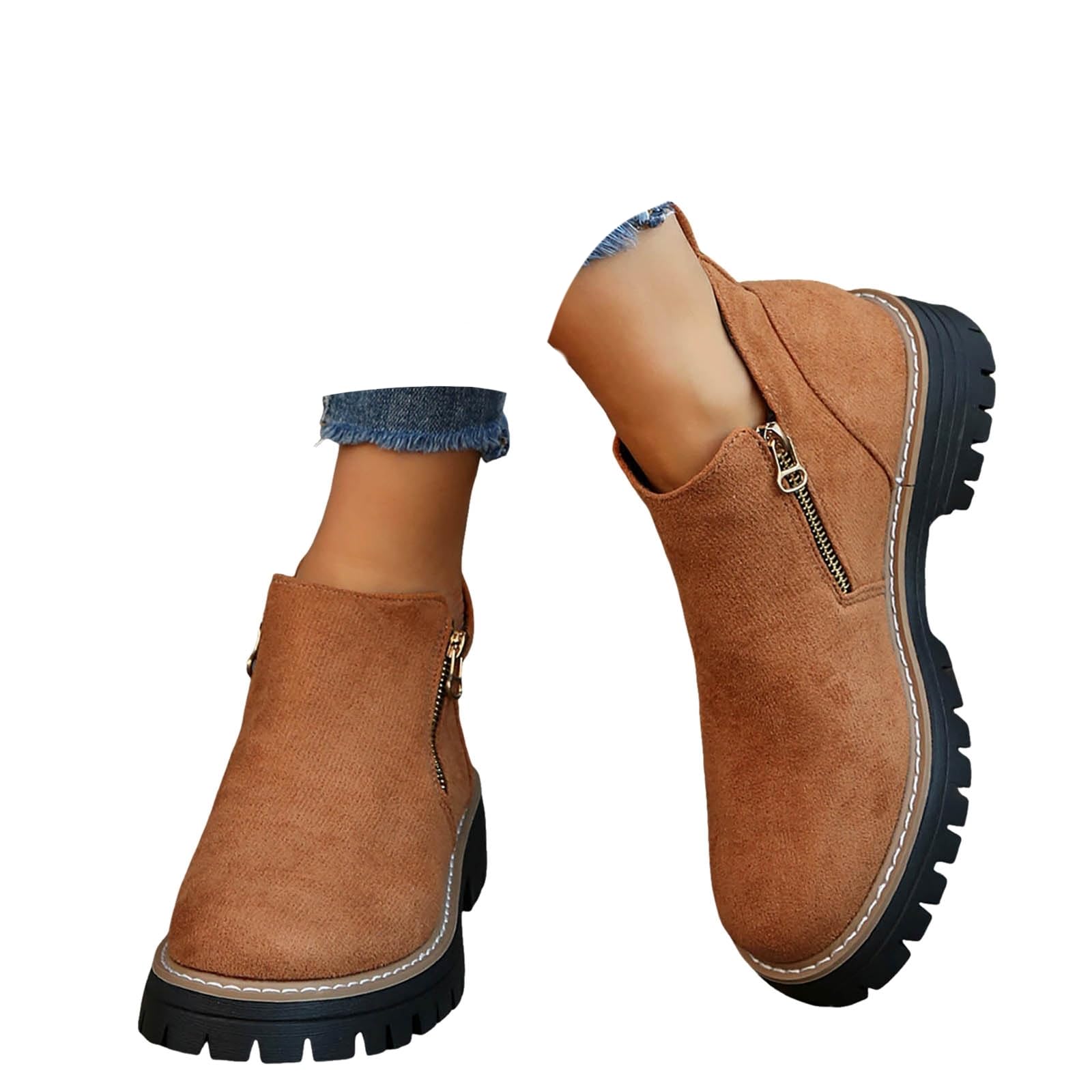 Hbeylia Fall Shoes for Women 2025 Ankle Boots Side V Cut Platform Chunky Heels Short Booties with Zipper