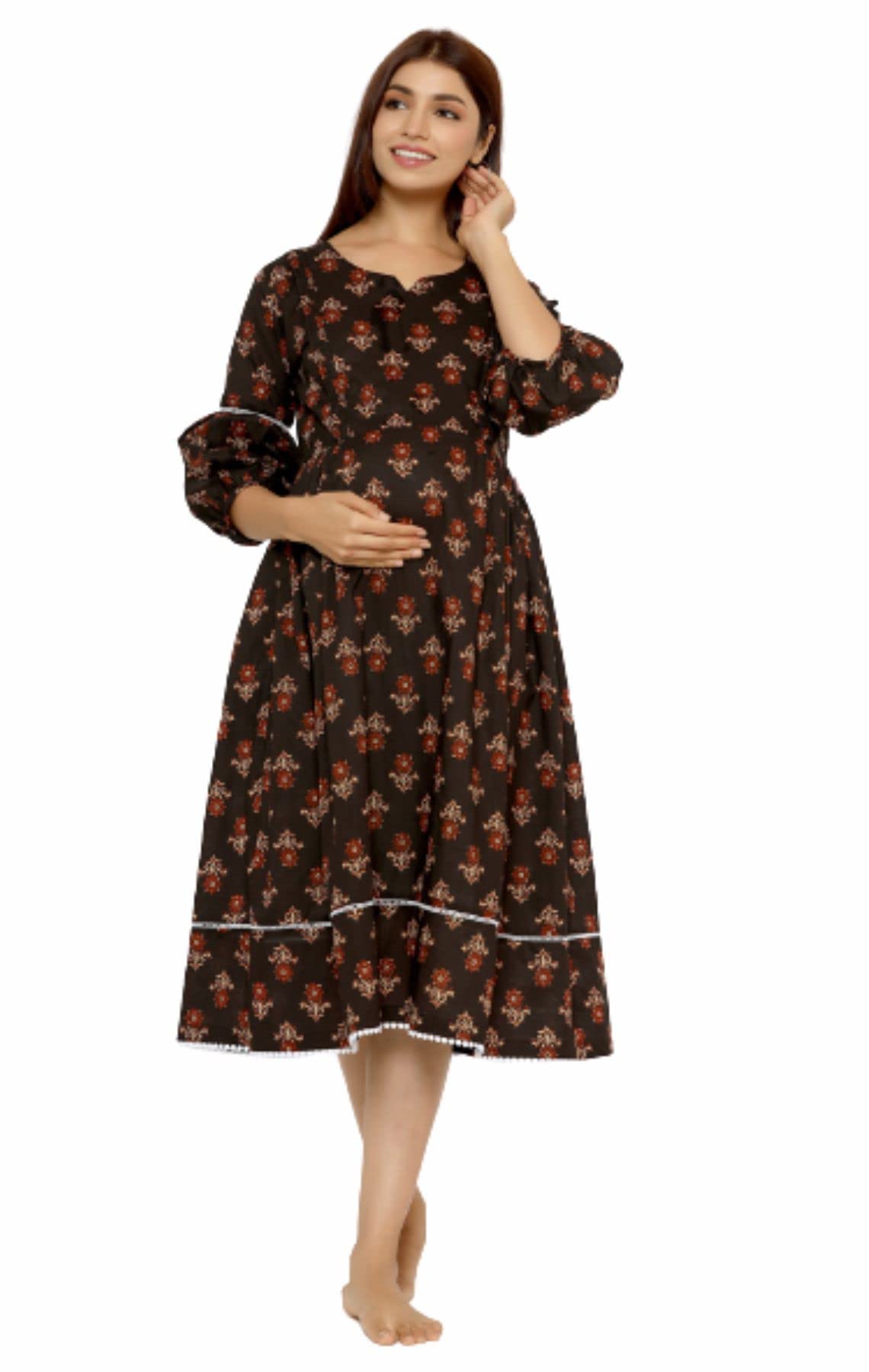 ikk kudi by seerat Women's Cotton Printed Maternity Midi Dress/Breastfeeding Dress/Western Dress with Zippers for Nursing Pre and Post Pregnancy-picture-25