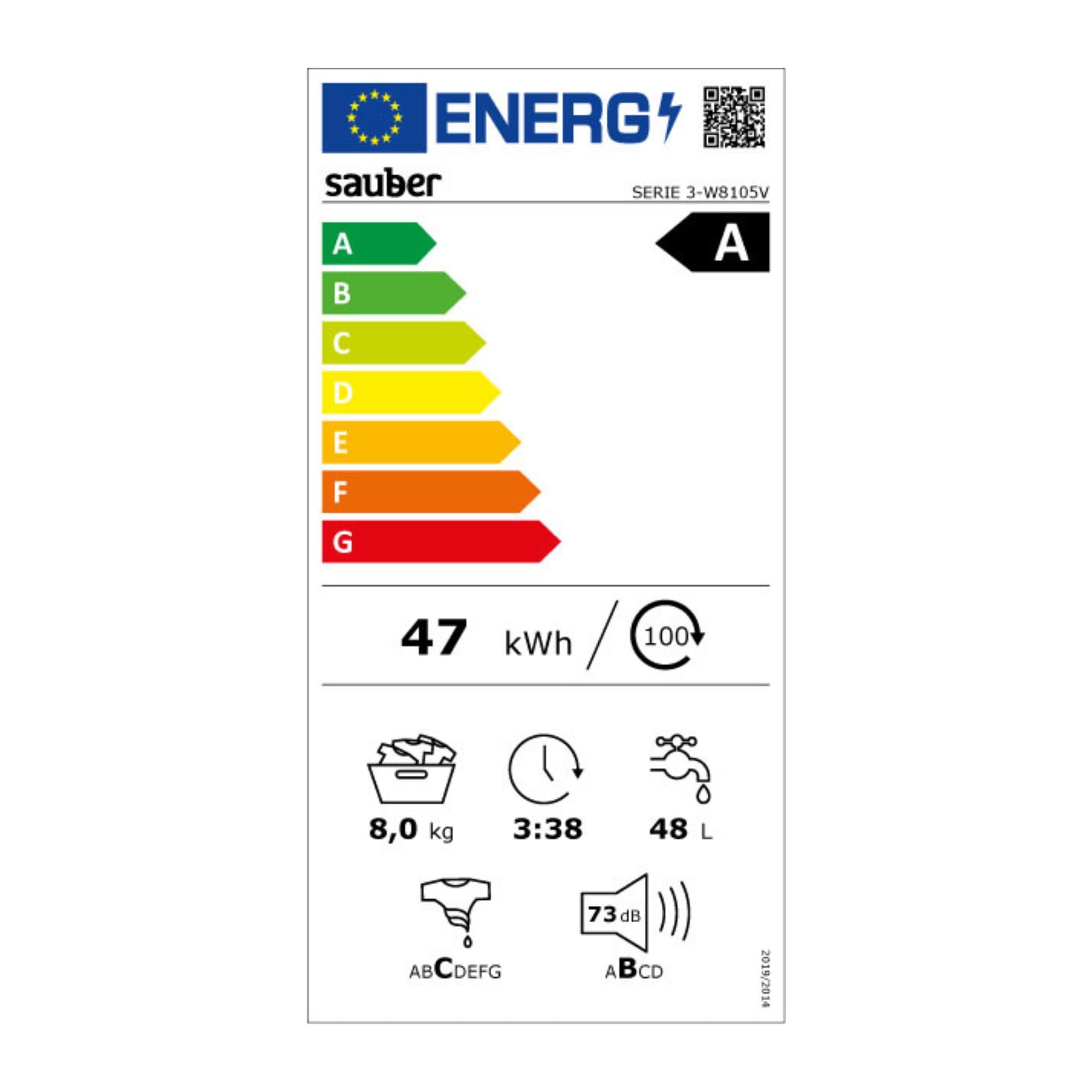 Sauber, Lavadora 8 Kg de carga frontal SERIE 3-W8105V, 1000 RPM, A, Programa Extra Rápido 15 minutos, 15 Programas, Detección de carga, Bajo Consumo, Color Blanco, CON INSTALACIÓN Y RETIRADA USADA
