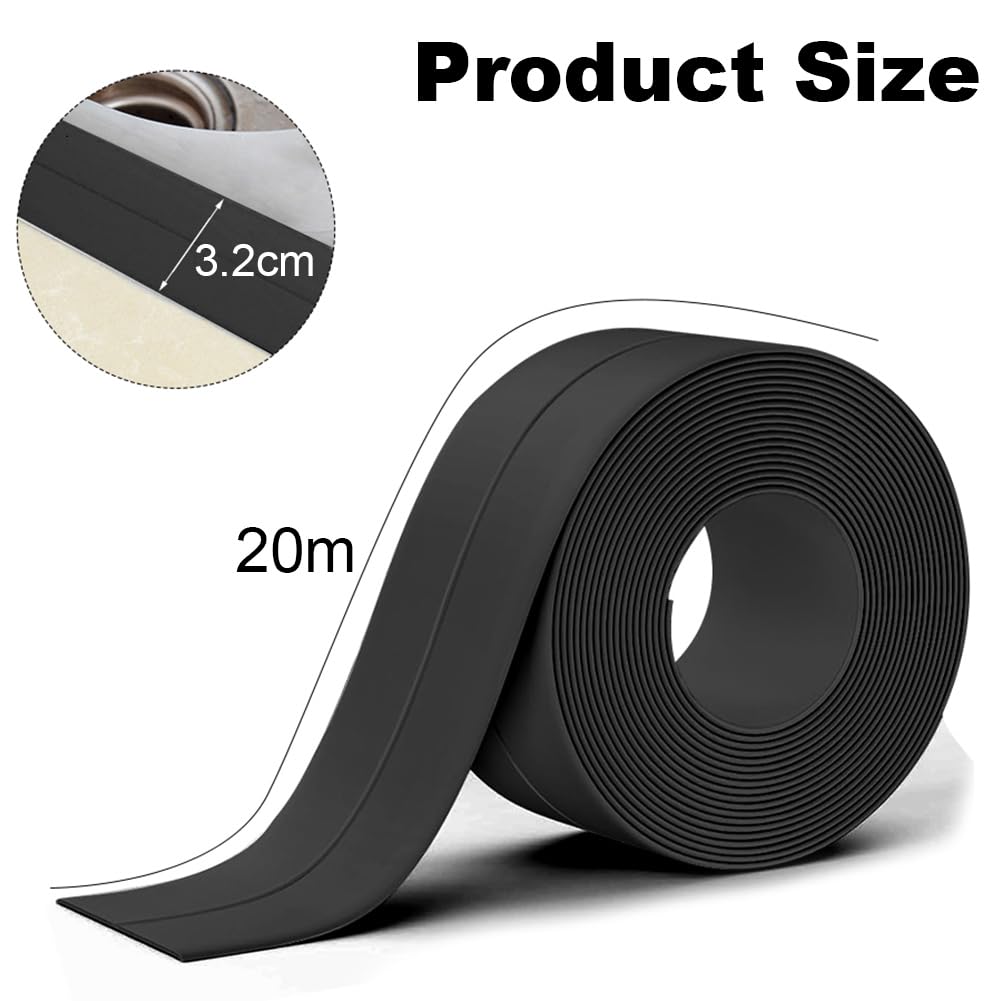Miękkie listwy, naklejki samoprzylepne, czarne - 16 x 16 mm, 20 m, PCW, elastyczna taśma uszczelniająca, uszczelka kuchenna, do wann, łazienki, kuchni