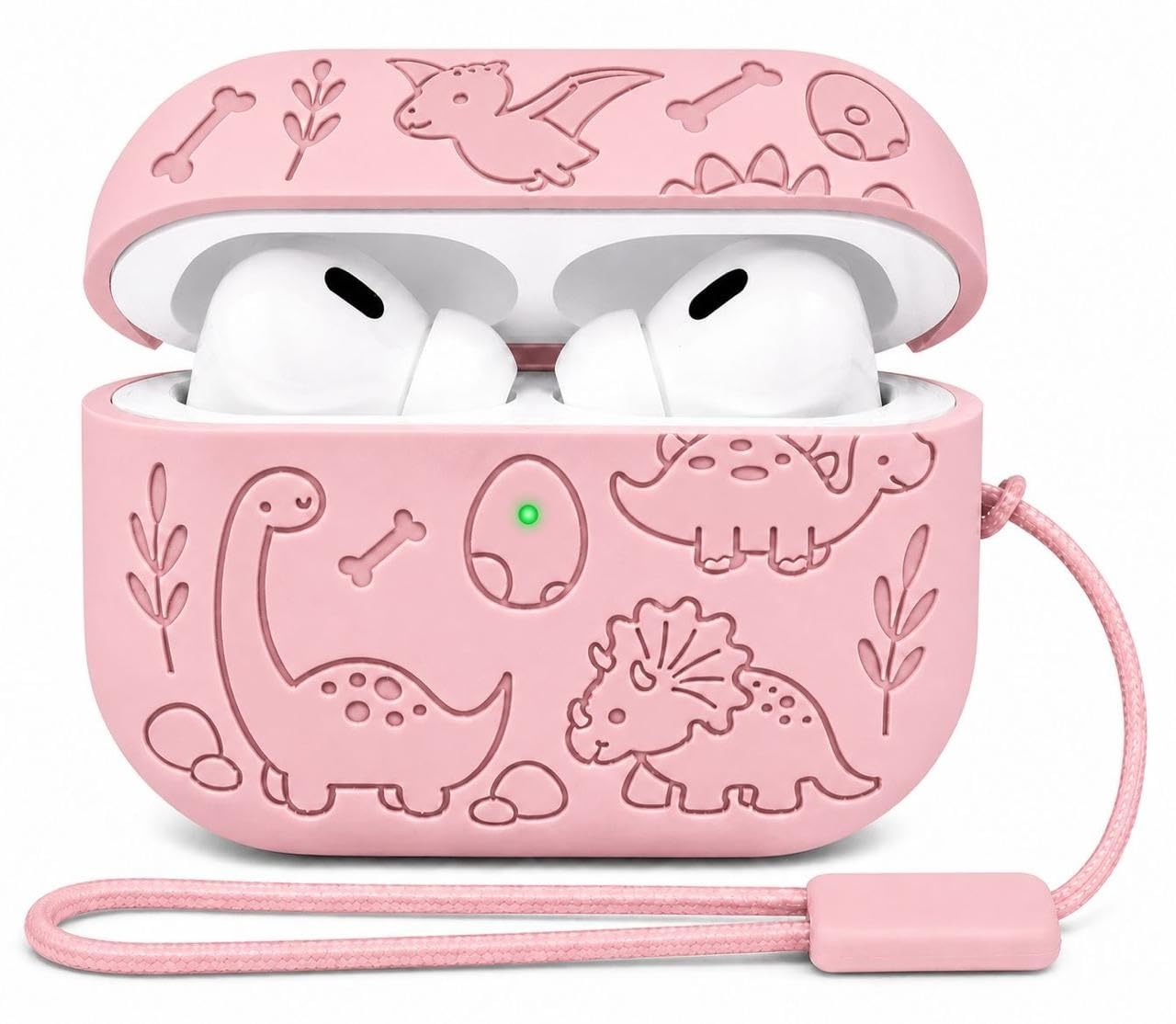 Emoh Roced Case for Airpods Pro 2 with Lanyard,Silicone Dinosaur Engraved Cases Compatible with Apple AirPods Pro 2nd Generation 2022, Anti-Scratch, Protective Case Cover (Pink)-image-15